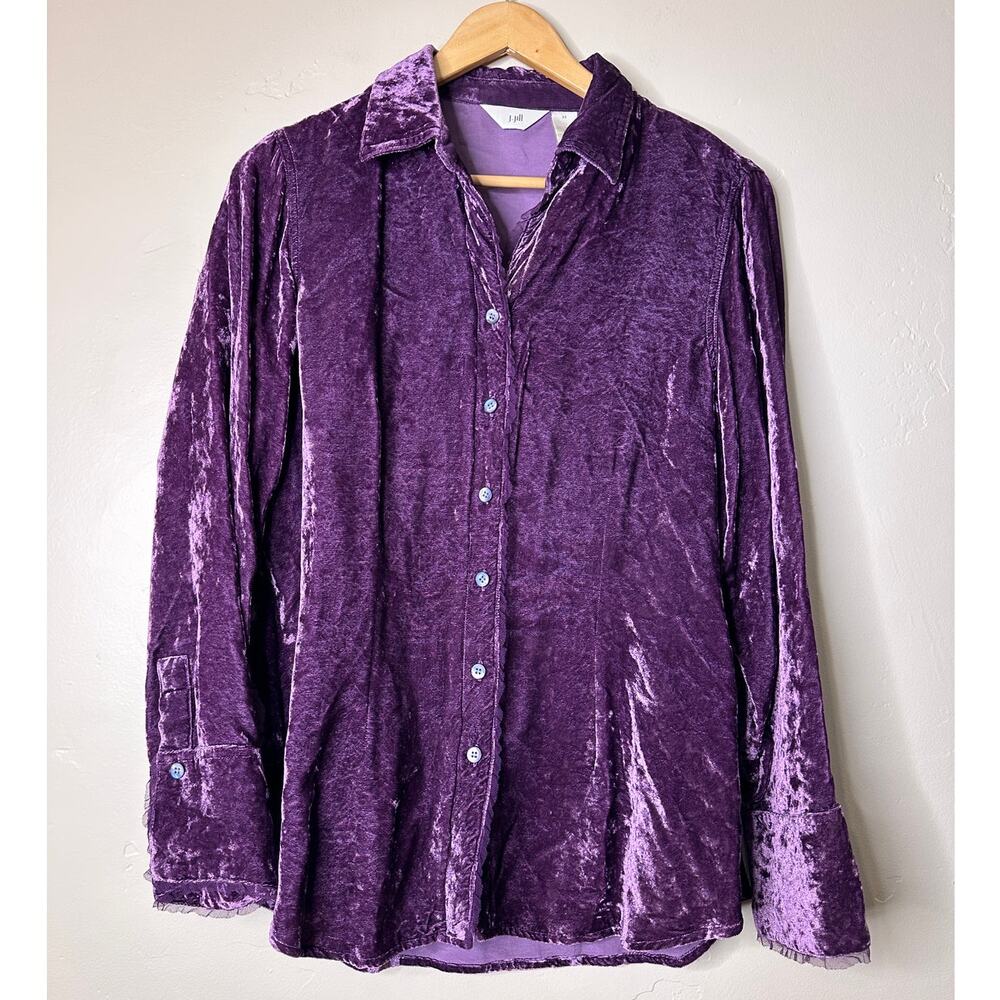 J.Jill Plum Velvet Long Sleeve Shirt Dainty Lace Trim Accent MEDIUM